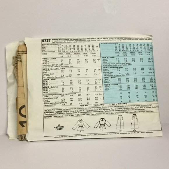 1977 McCall's Wide Pants/Culottes/Jacket Pattern #5737 Petite Sz 6-8 - Picture 2 of 3